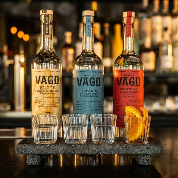 Three Vago Mezcal bottles and glasses with orange slices on a bar counter.