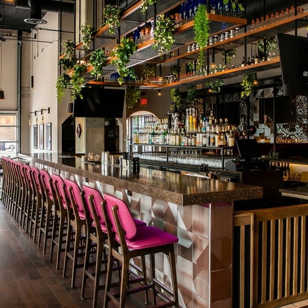 Modern bar area with pink stools, a fully stocked bar, and hanging plants, next to a dining space.