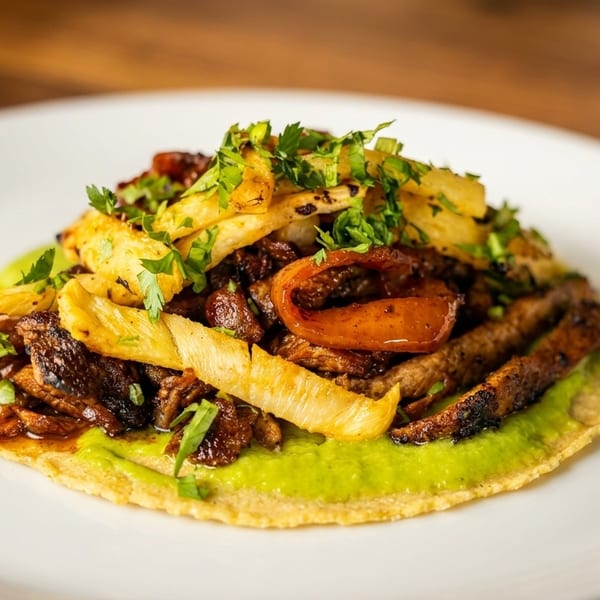 A vibrant tostada with steak, avocado spread, french fries, and cilantro on a white plate.