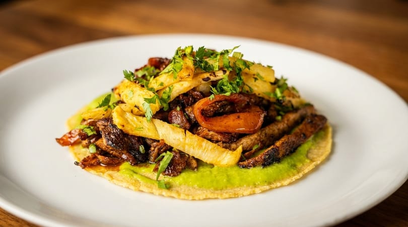 A vibrant tostada with steak, avocado spread, french fries, and cilantro on a white plate.