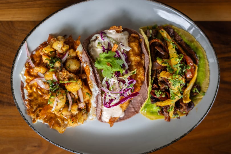 Three gourmet tacos with diverse fillings, including fried cauliflower, fish, and beef, on a white plate.