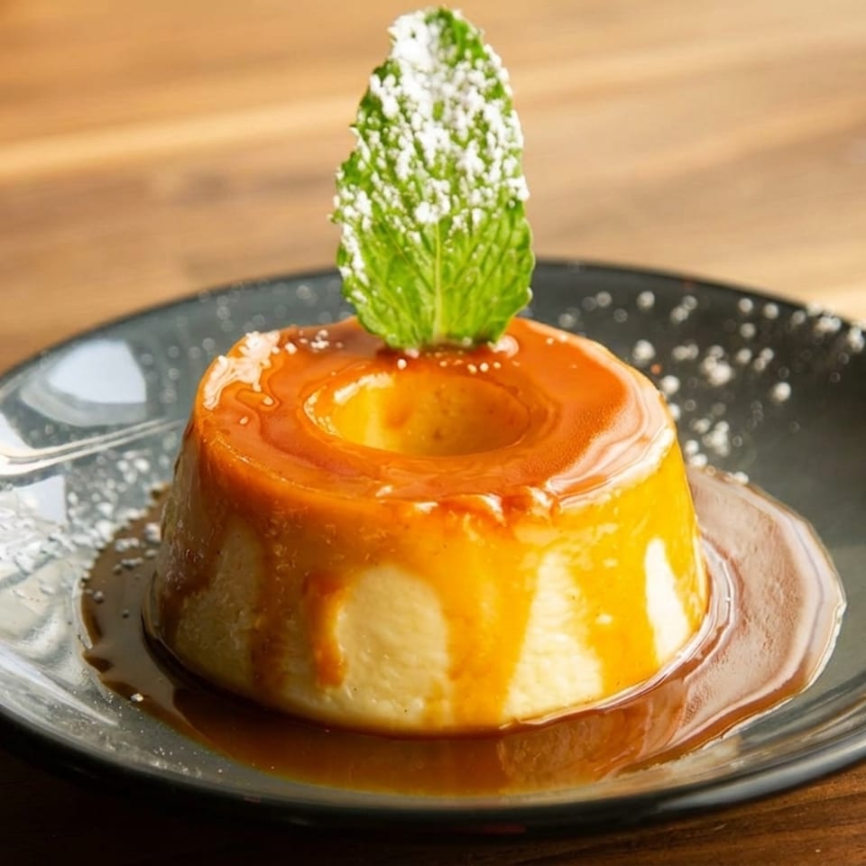 Flan dessert with caramel sauce, powdered sugar, and a mint leaf on a dark plate.