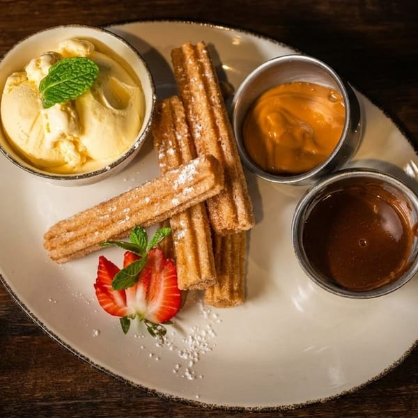 Churros with powdered sugar, vanilla ice cream, caramel, and chocolate dipping sauces, garnished with strawberries and mint.