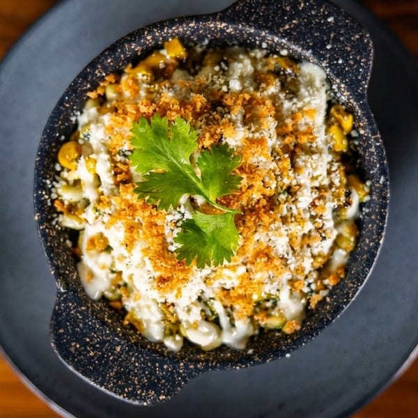 Elote, Mexican street corn, in a black bowl with cilantro, cheese, and breadcrumbs.