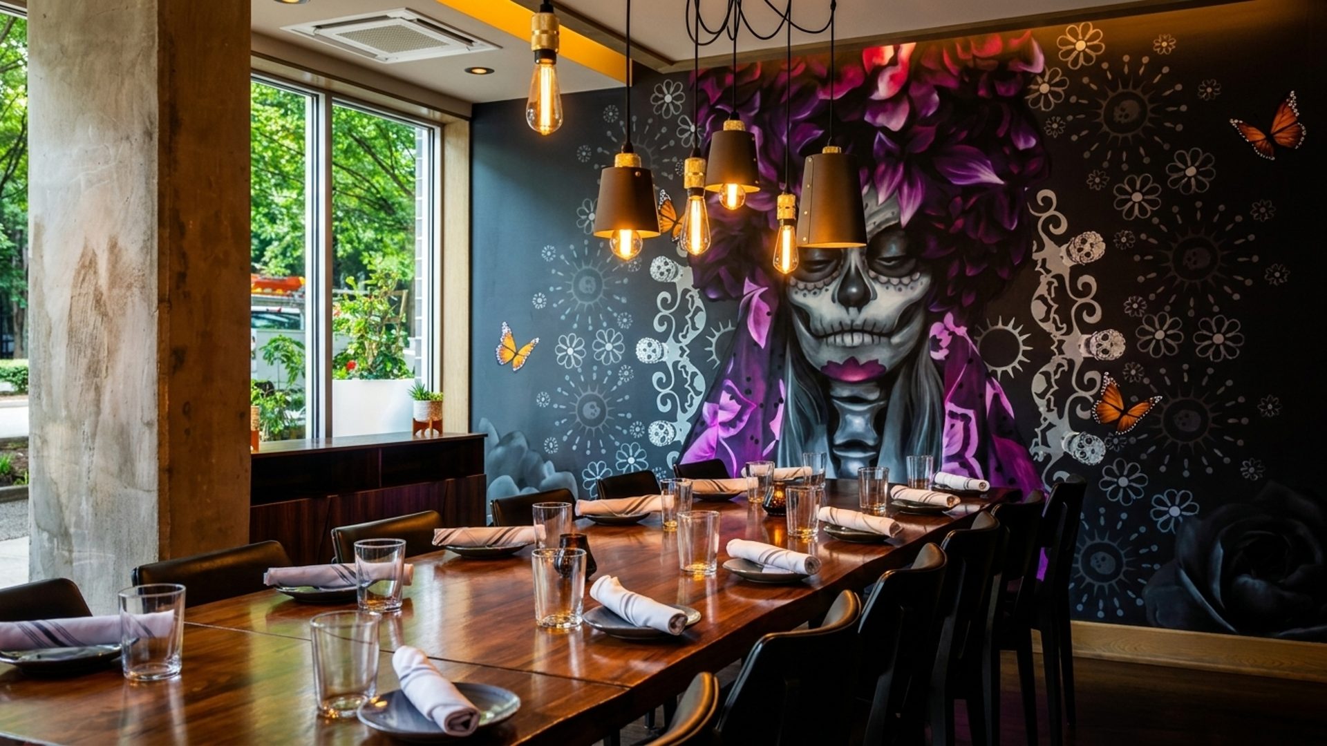 Private dining under a wonderful mural