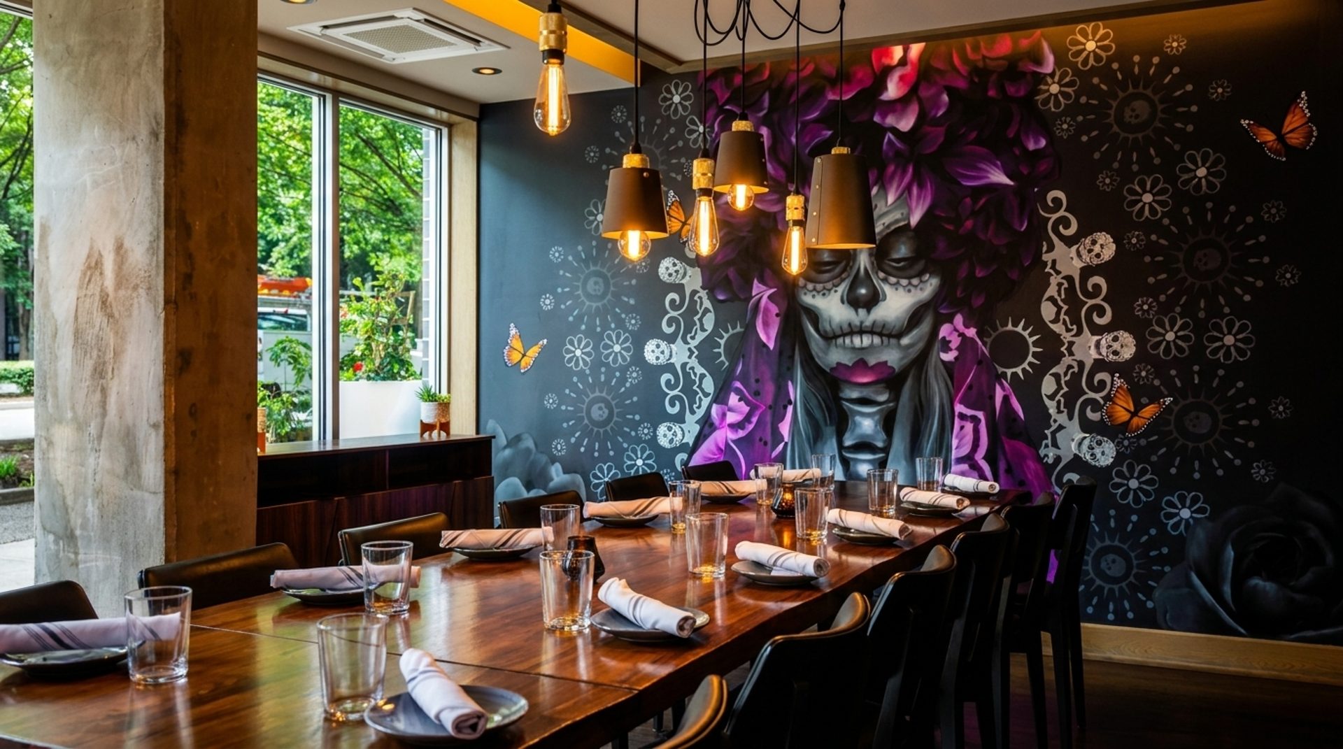 Private dining under a wonderful mural