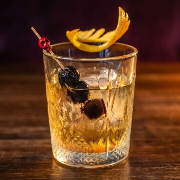 A cocktail in a cut glass, garnished with a lemon peel and cherries on a skull pick.