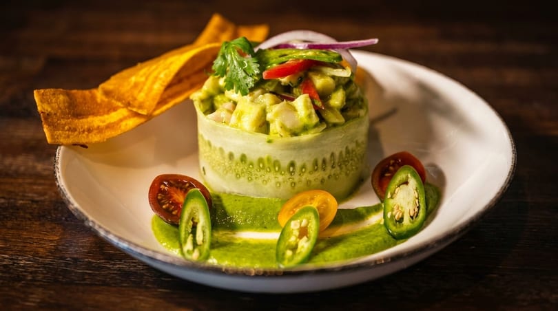 Ceviche in a cucumber ring, garnished with cilantro, red onion, peppers, and plantain chips.